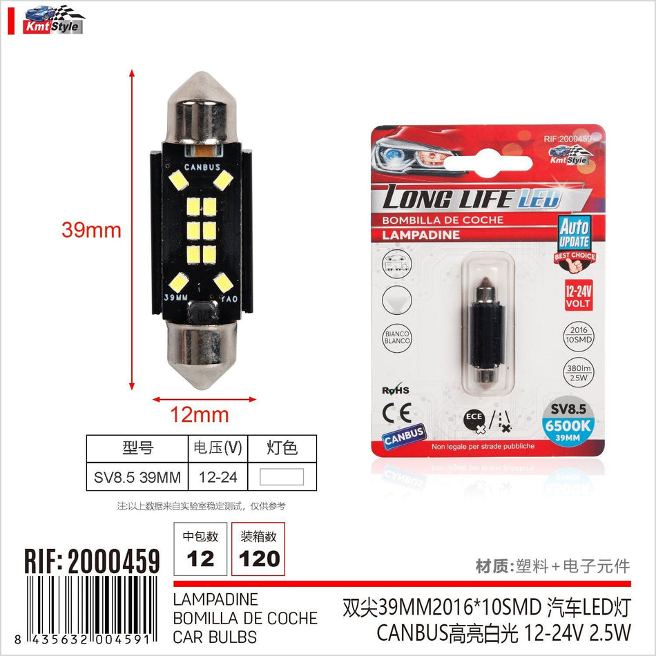 4 Pezzi Lampada Led Siluro SV8.5 C5W C10W 10 SMD 2016 12V-24 2.5W 380lm Bianco