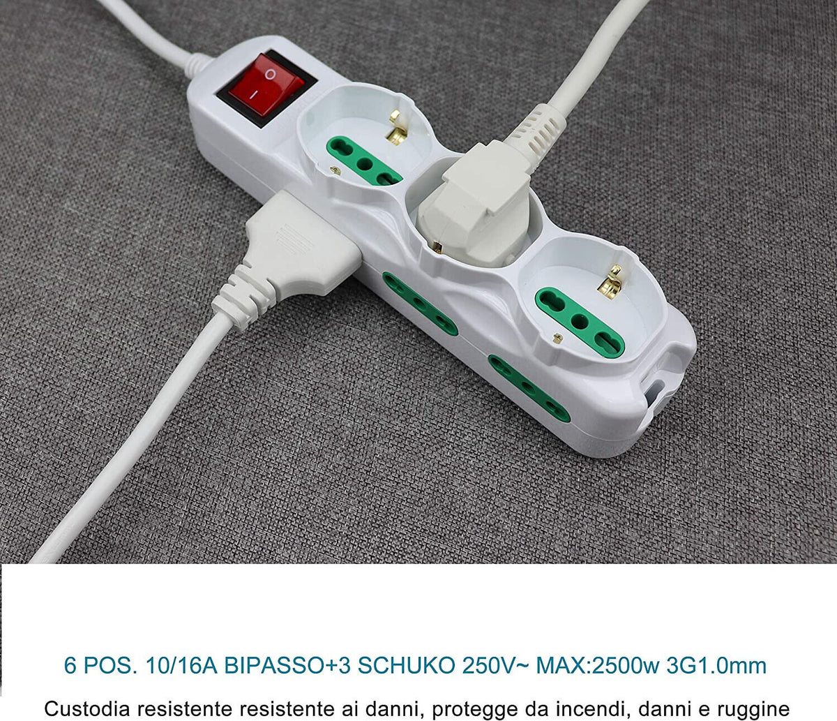 Multipresa Ciabatta Elettrica Cavo 3M Con 9 Posti 3 Prese Schuko 10/16A + 6