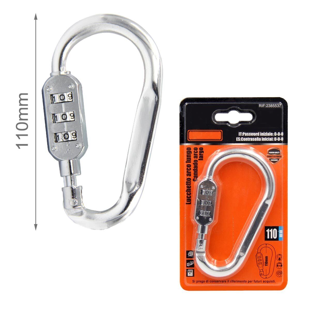 Moschettone di Alluminio Forma D Portachiave con Lucchetto a Combinazione 110mm