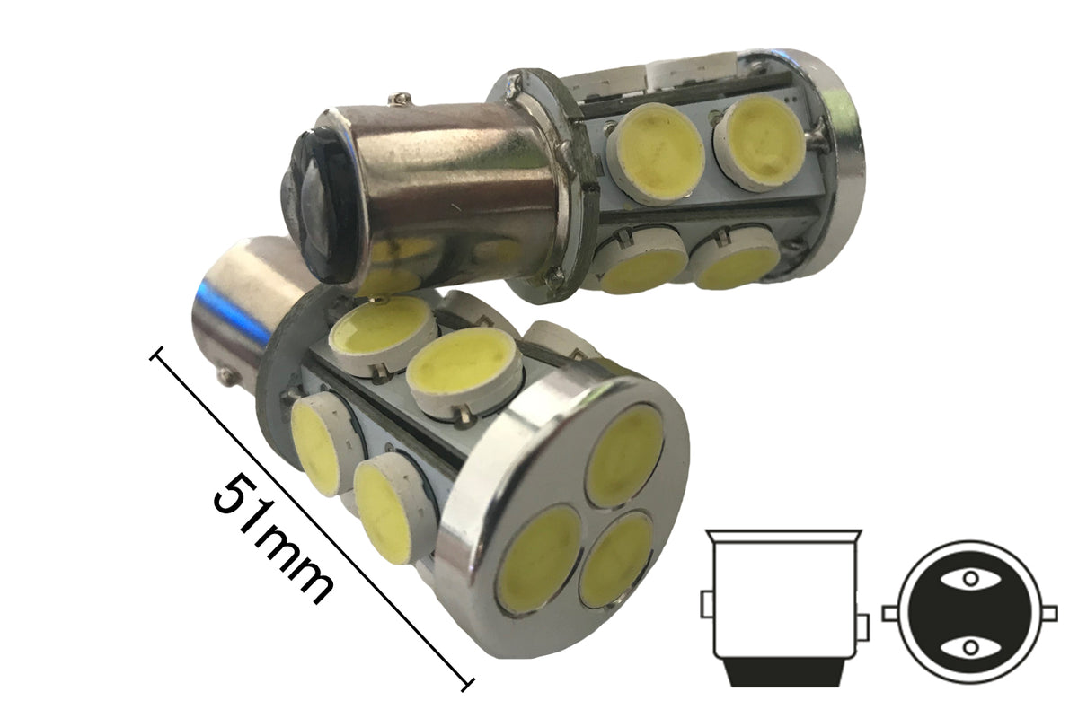 Coppia 2 Lampade Led BAY15D 1157 P21/5W Con 13 Smd 9080 Bianco Freddo 6000K 12V