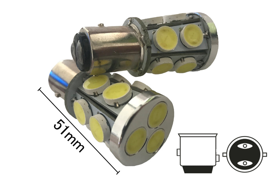 Coppia 2 Lampade Led BAY15D 1157 P21/5W Con 13 Smd 9080 Bianco Freddo 6000K 12V