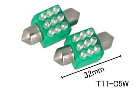 Coppia 2 Lampade Led T11 C5W Siluro 32mm Quadrato Con 9 F3 Colore Verde Green