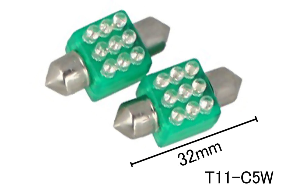 Coppia 2 Lampade Led T11 C5W Siluro 32mm Quadrato Con 9 F3 Colore Verde Green