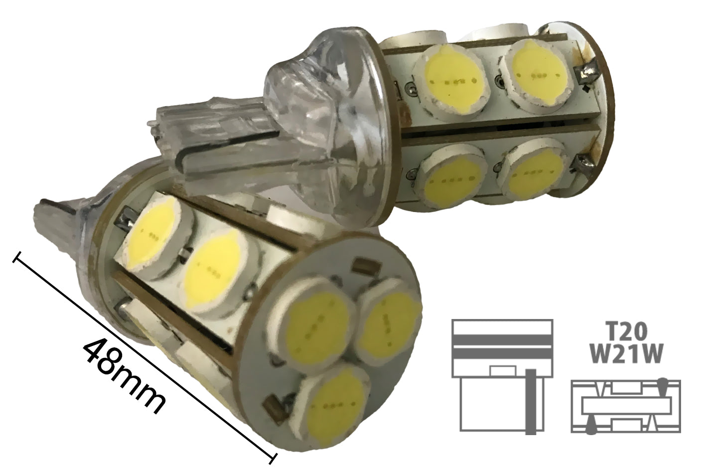 Coppia 2 Lampade Led T20 7440 W21W Con 13 Smd 9080 Bianco Freddo 6000K 12V 6W