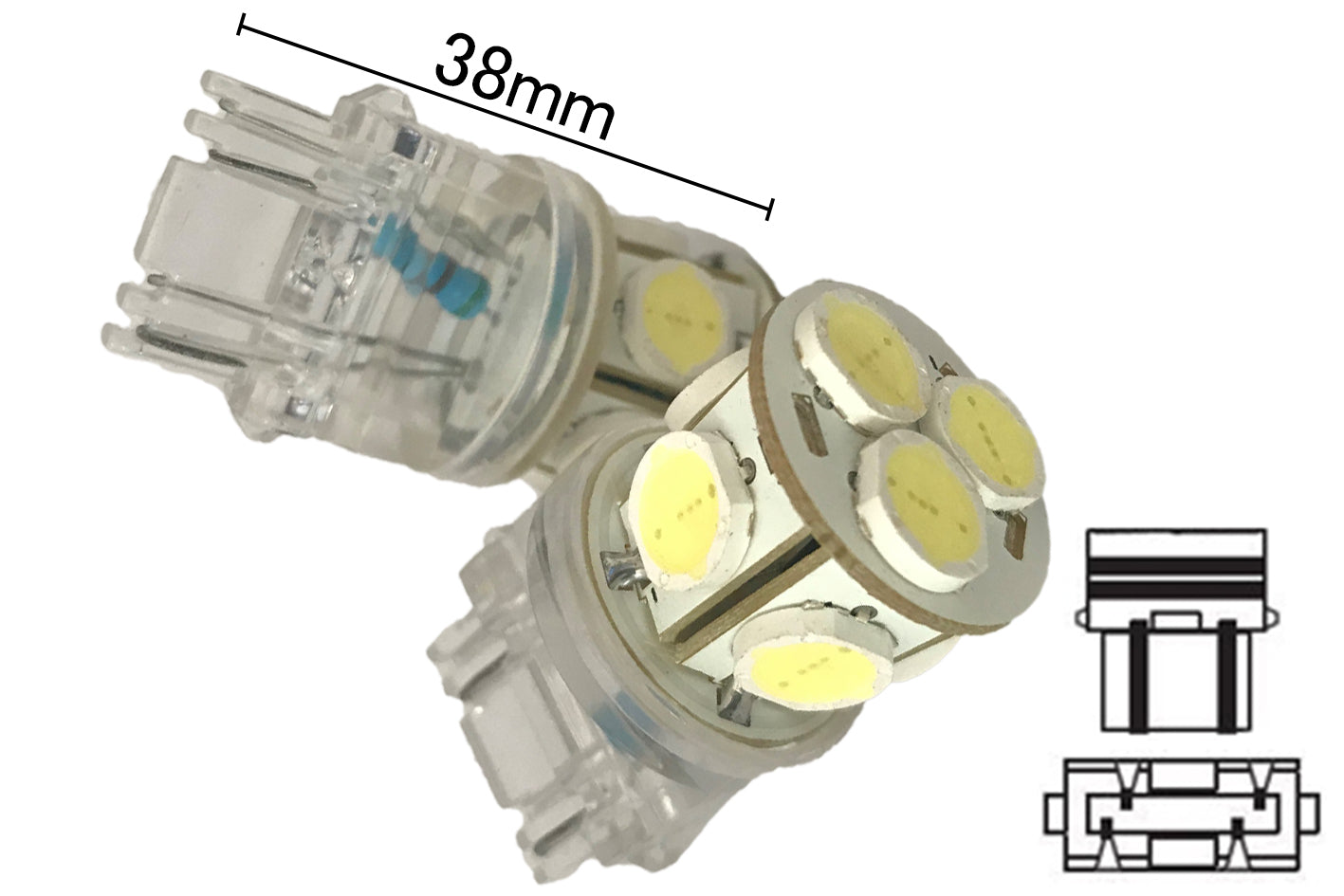 Coppia 2 Lampade Led T25 P27/7W 3157 Con 8 Smd 9080 Bianco Freddo 6000K 12V 4W