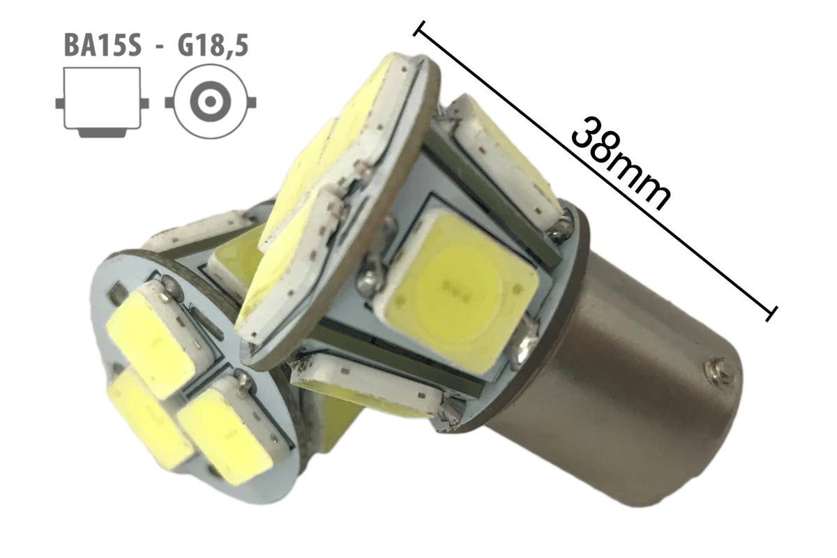 Coppia 2 Lampade Led BA15S 1156 P21W Con 8 Smd 9080 Bianco Freddo 6000K 12V 4W