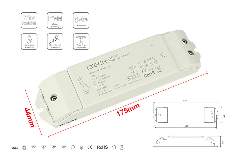 Alimentatore Dimmerabile CV 12V 36W Triac ELV Pulsante N.O. 3 In 1 Varialuce Su
