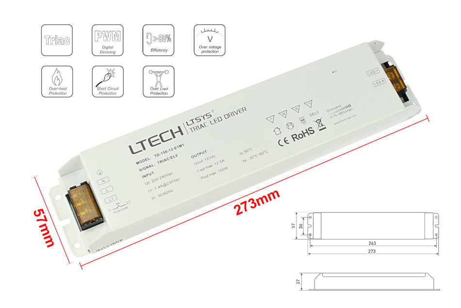 Alimentatore Dimmerabile CV 12V 150W Triac ELV Pulsante N.O. Varialuce Su 220V