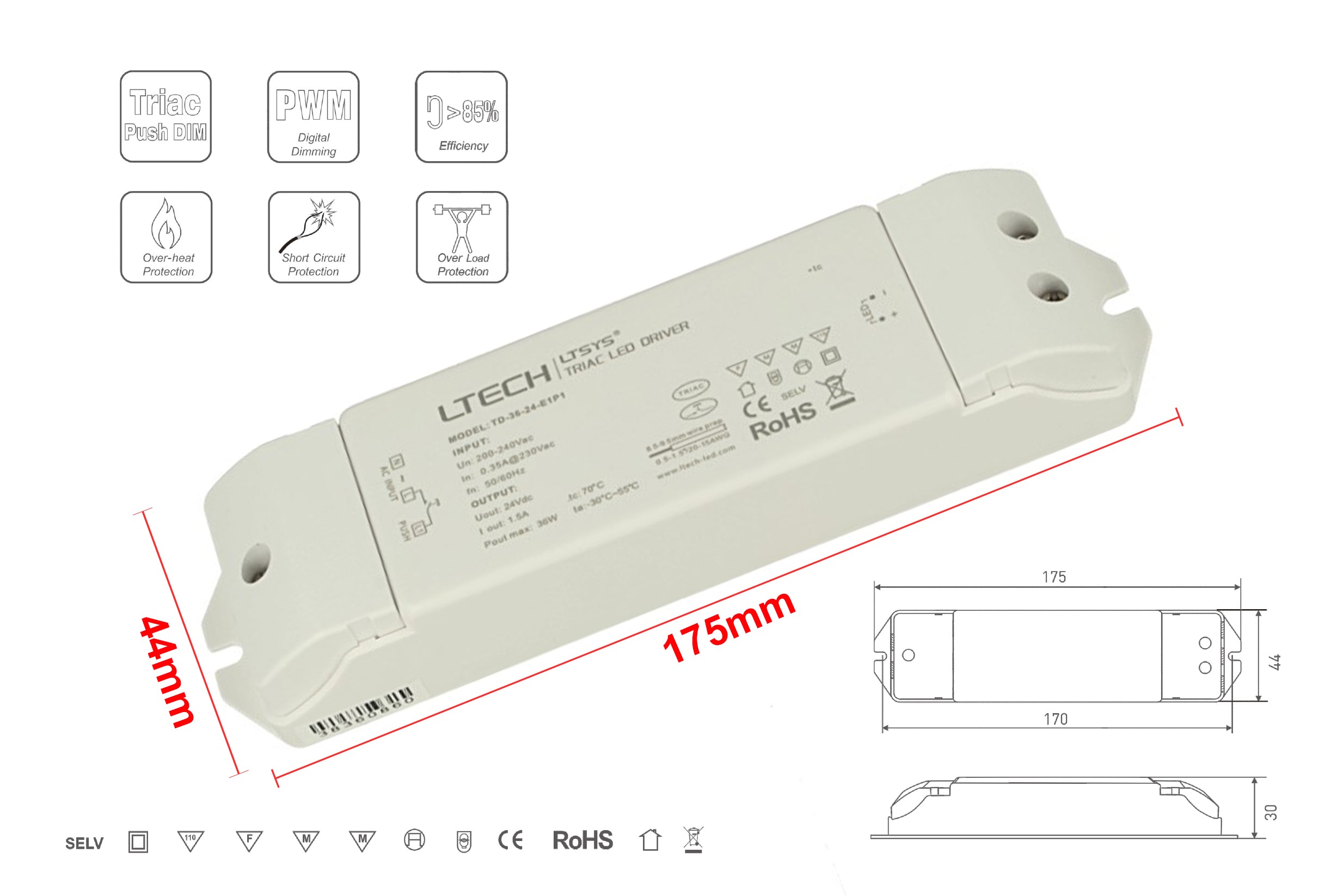Alimentatore Dimmerabile CV 24V 36W Triac ELV Pulsante N.O. 3 In 1 Varialuce Su