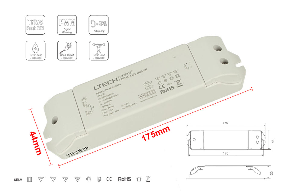 Alimentatore Dimmerabile CV 24V 36W Triac ELV Pulsante N.O. 3 In 1 Varialuce Su
