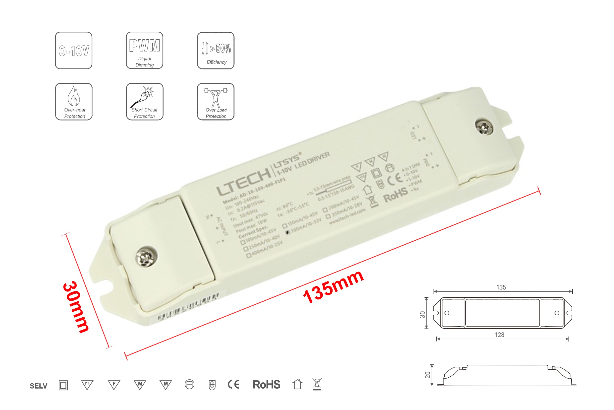 Led Driver CC 300mA DC 10-33V 10W Dimmerabile 0-10V 1-10V PWM <table
