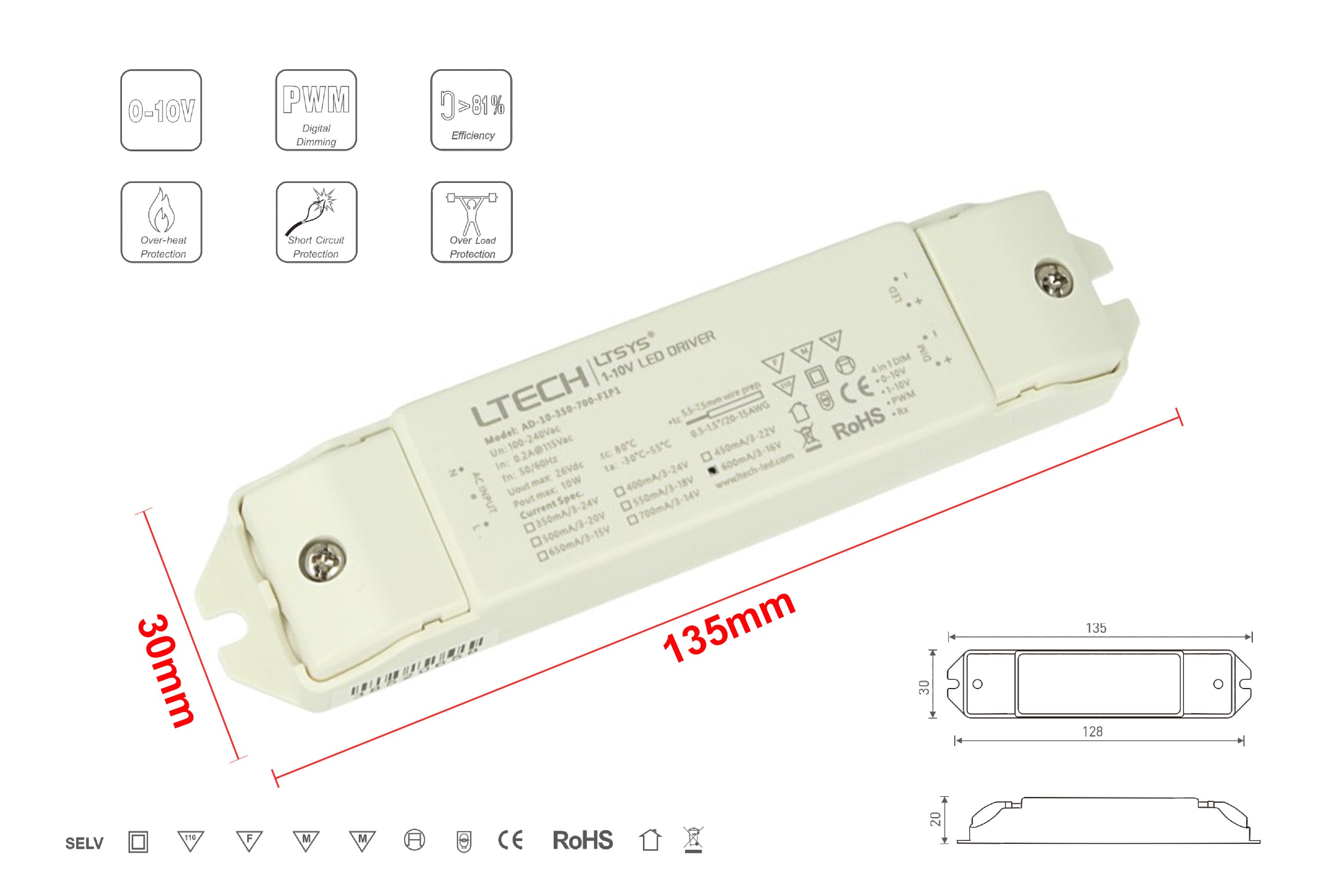 Led Driver CC 600mA 3-16V 10W Dimmerabile 0-10V 1-10V PWM <table class="table