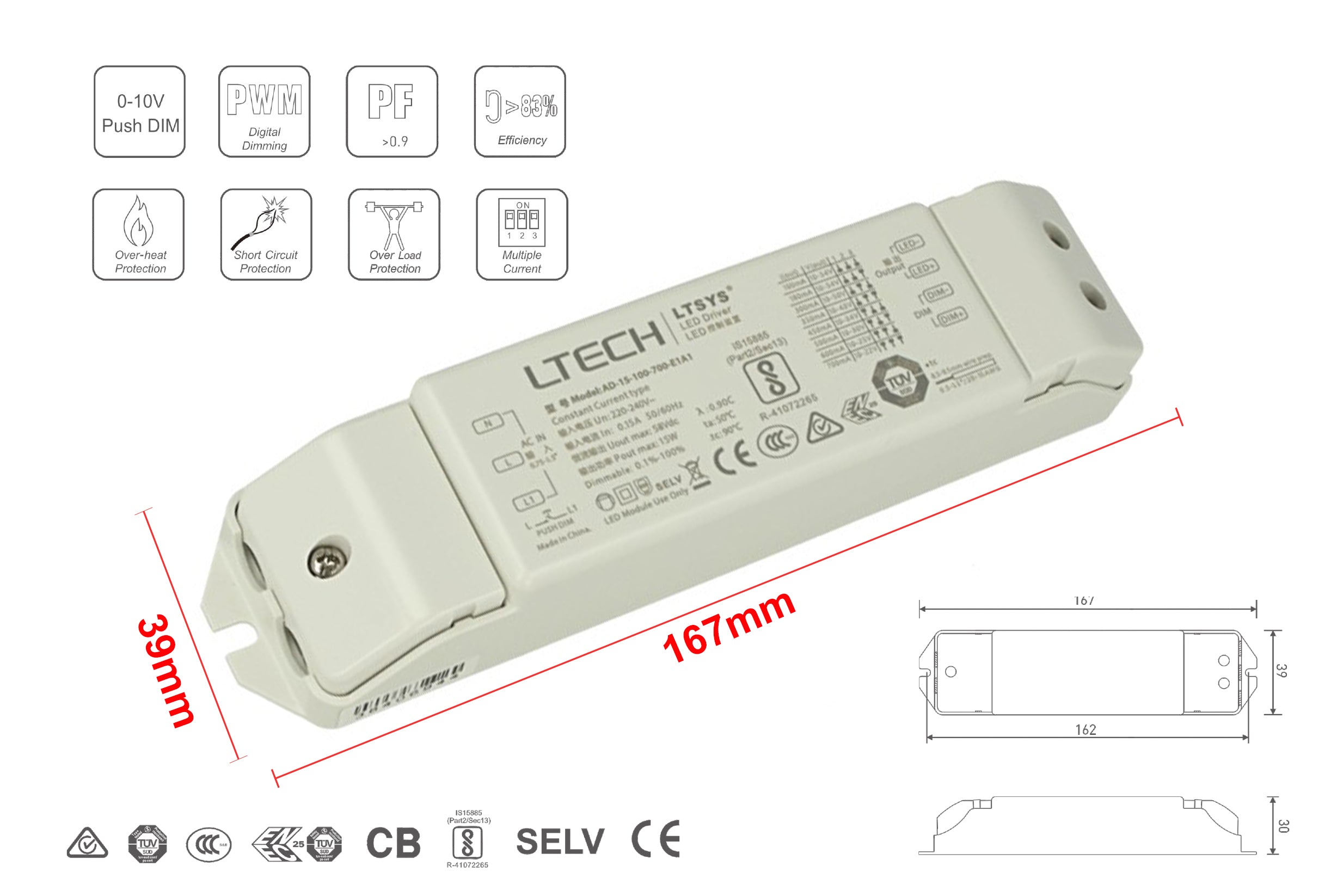 Led Driver CC Dimmerabile 0/1-10V Pulsante N.O. Push Dimmer 15W Regolabile