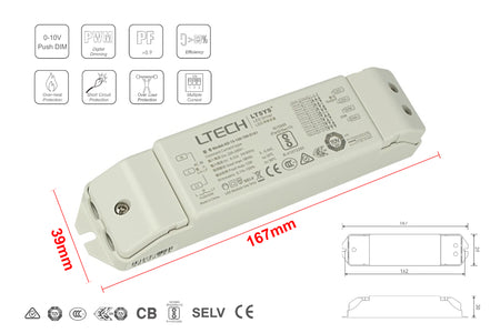 Led Driver CC Dimmerabile 0/1-10V Pulsante N.O. Push Dimmer 15W Regolabile