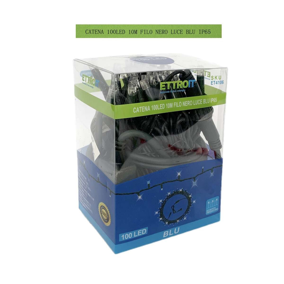 Catena Luminosa di Luci Led IP65 10 Metri Con 100 Filo Nero Luce Blu Connettore
