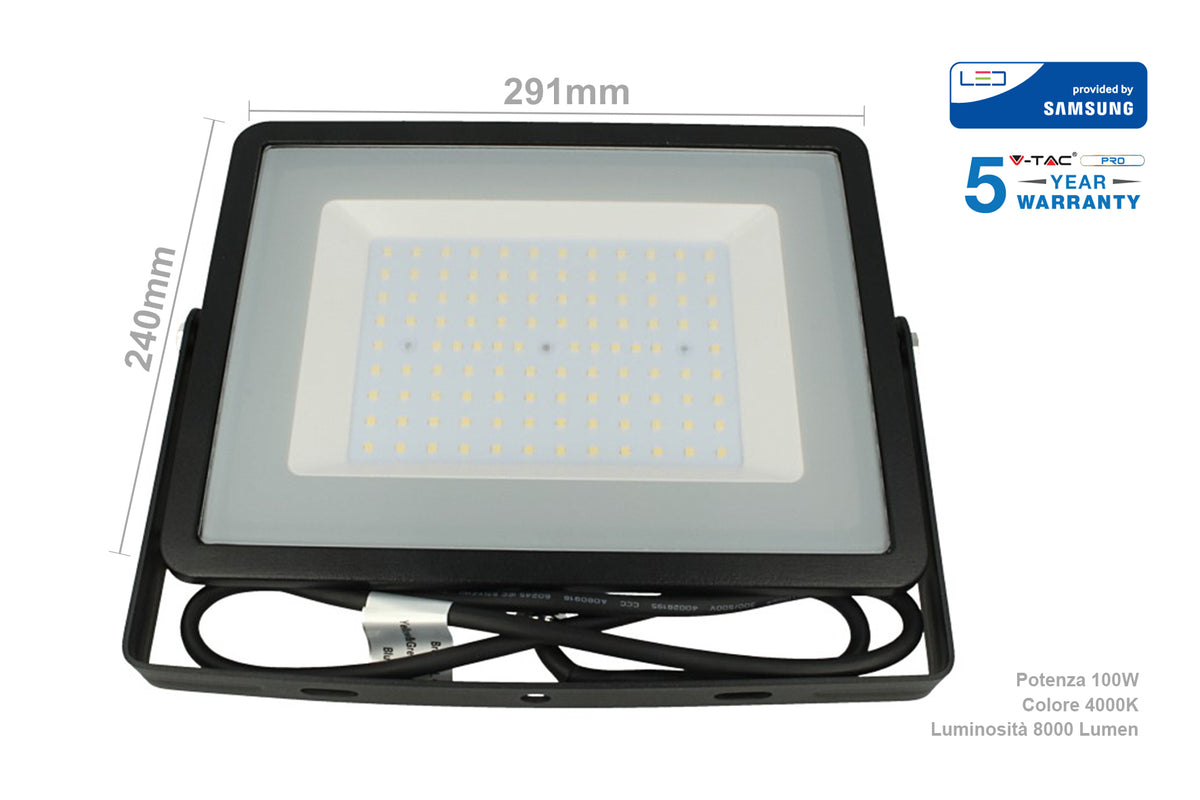 Faro Led Flood Light 100W IP65 Bianco Neutro Super Slim 30mm Carcassa Nera