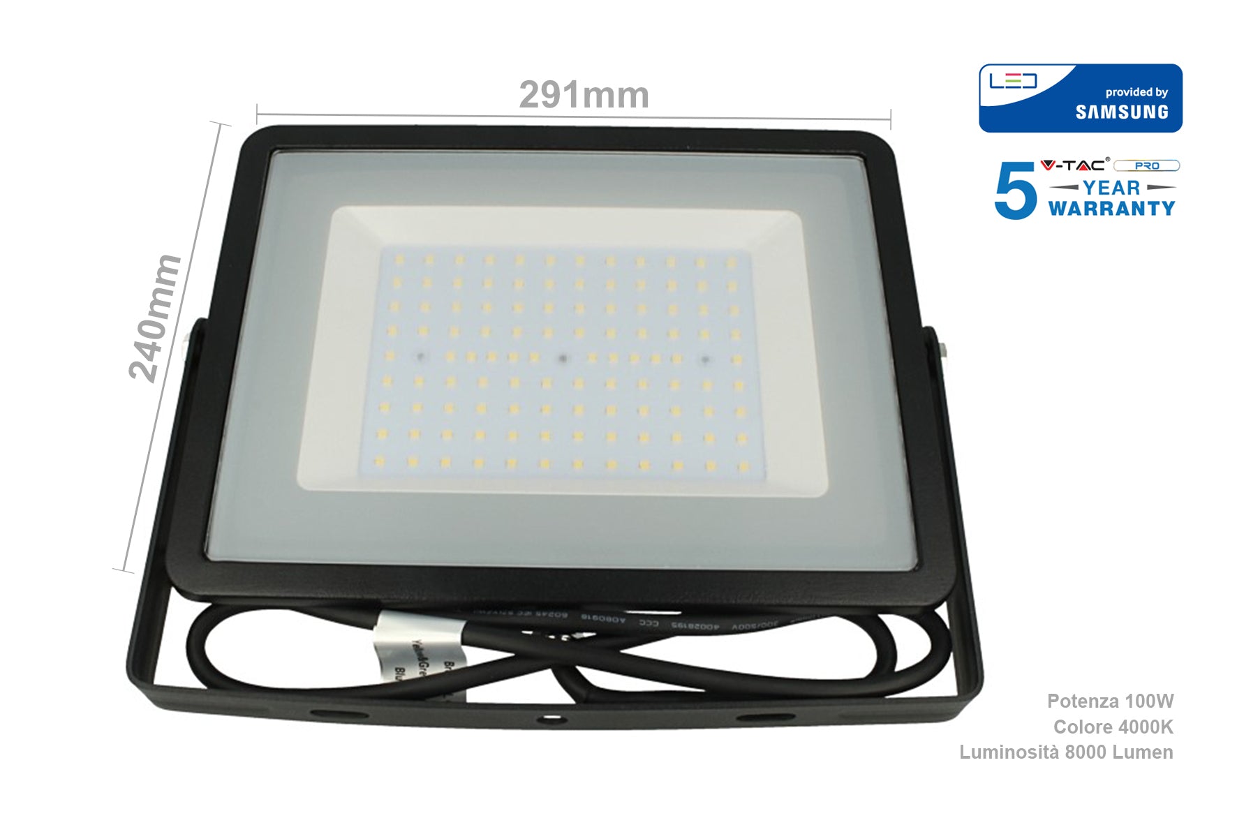 Faro Led Flood Light 100W IP65 Bianco Neutro Super Slim 30mm Carcassa Nera