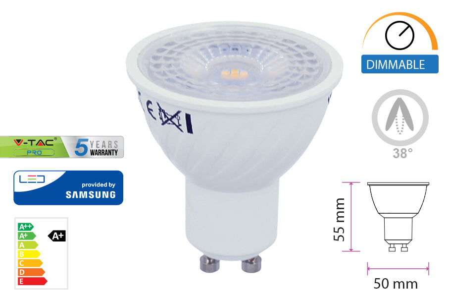 Lampada Led GU10 Dimmerabile 6,5W 38 Gradi 220V Bianco Caldo 3000K Chip Samsung