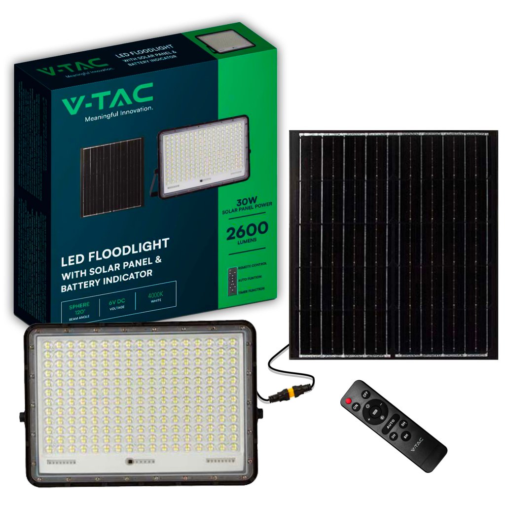 Faro LED con Telecomando e Pannello Solare 30W 2600LM Indicatore Batteria Cavo