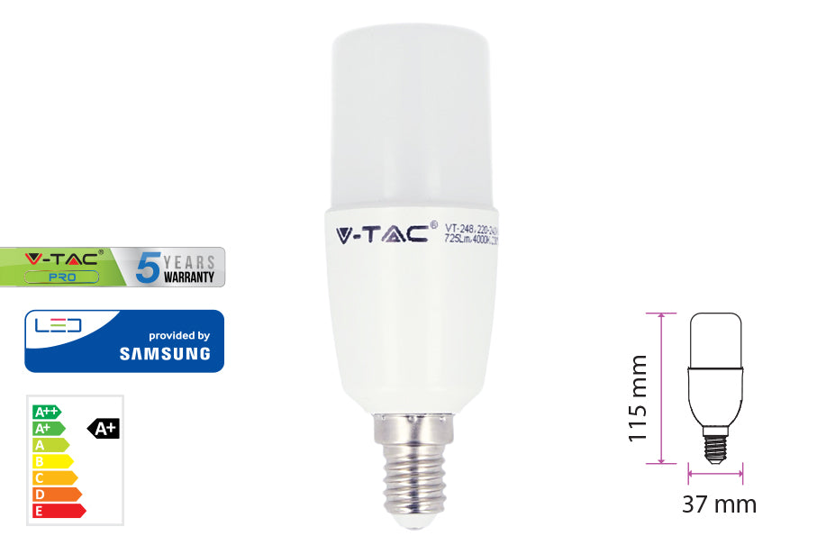 Lampada Led E14 T37 8W 220V Bianco Neutro Forma Cilindro Chip Samsung Garanzia