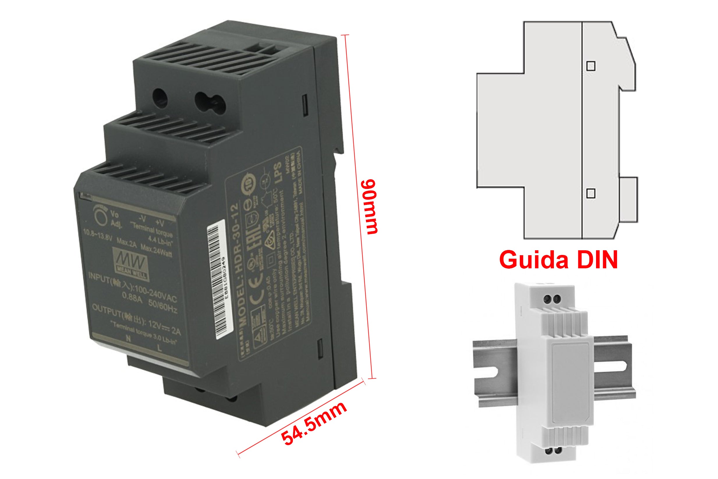 MeanWell HDR-30-12 Trasformatore Rotaia Industriale 12V 24W 2A Barra Guida DIN