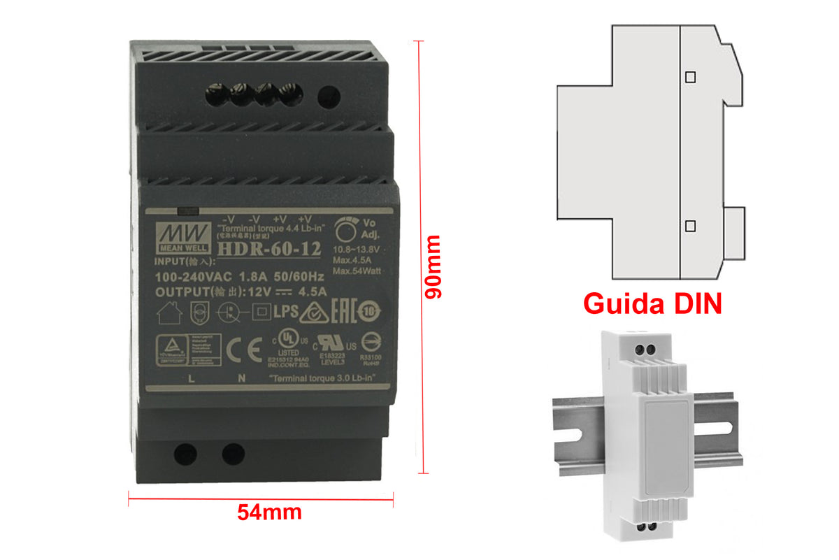MeanWell HDR-60-12 Trasformatore Rotaia Industriale 12V 54W Barra Guida DIN