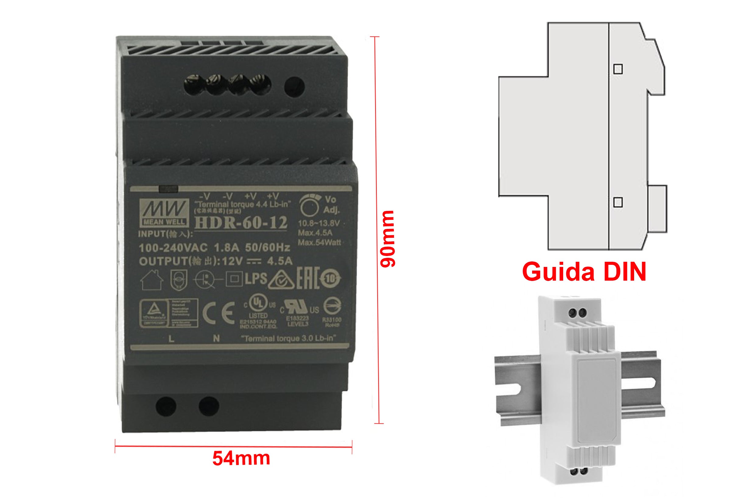 MeanWell HDR-60-12 Trasformatore Rotaia Industriale 12V 54W Barra Guida DIN