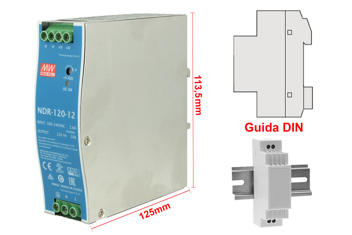 MeanWell NDR-120-12 Trasformatore Rotaia Industriale 12V 120W 10A Barra Guida