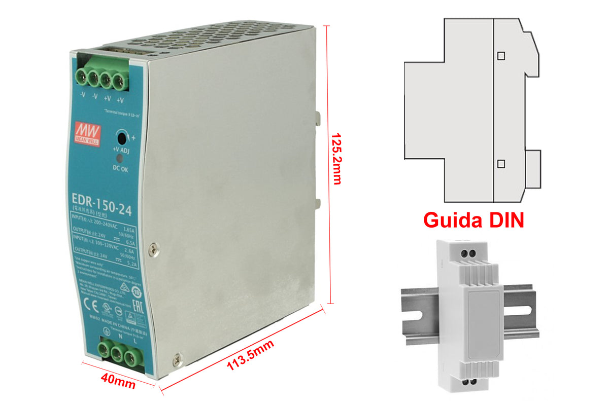 MeanWell EDR-150-24 Trasformatore Rotaia Industriale 24V 156W 6,5A Barra Guida