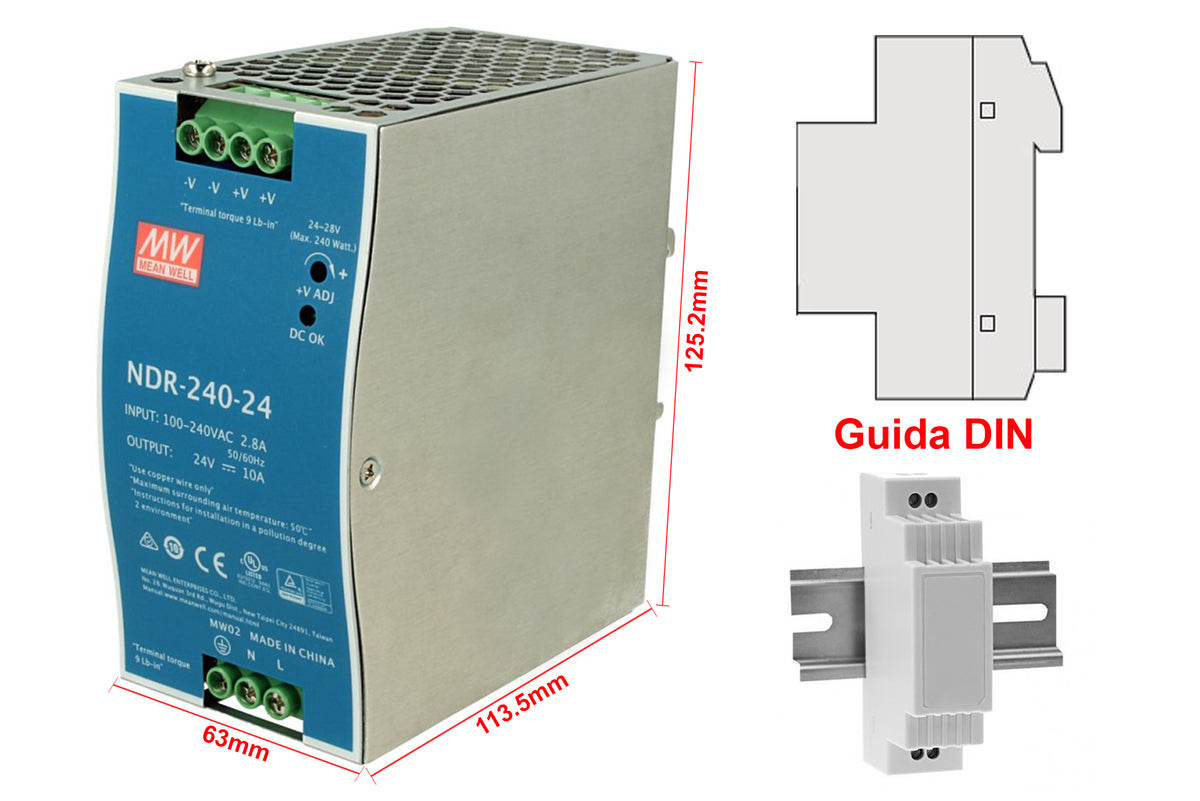 MeanWell NDR-240-24 Trasformatore Rotaia Industriale 24V 240W 10A Barra Guida