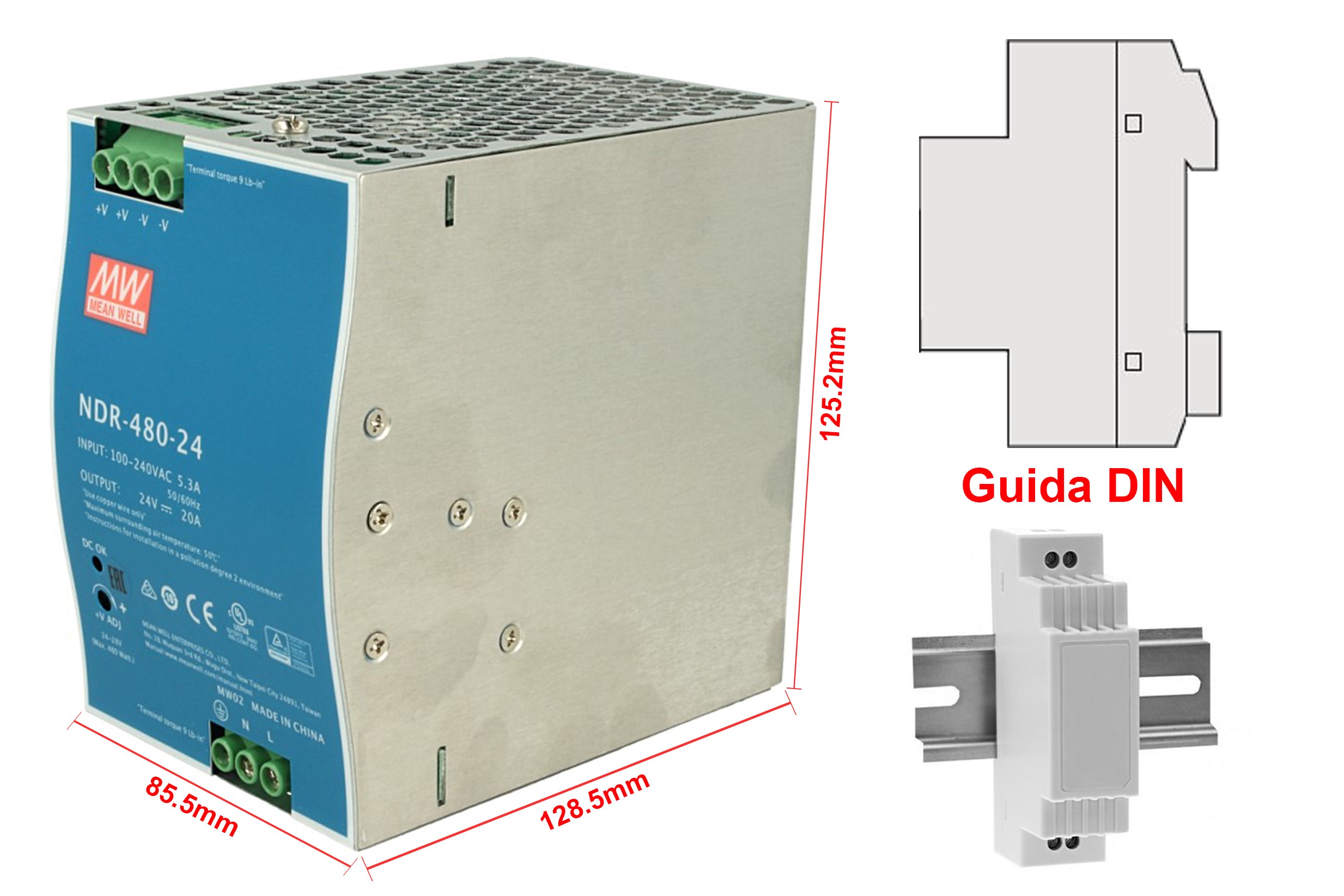 MeanWell NDR-480-24 Trasformatore Rotaia Industriale 24V 480W 20A Barra Guida